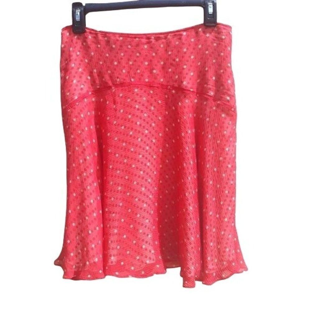 Vtg Anne‎ Klein Silk Polka Dot Flowy Drop Waist Lettuce Hem Mini Skirt Red Sz 8P